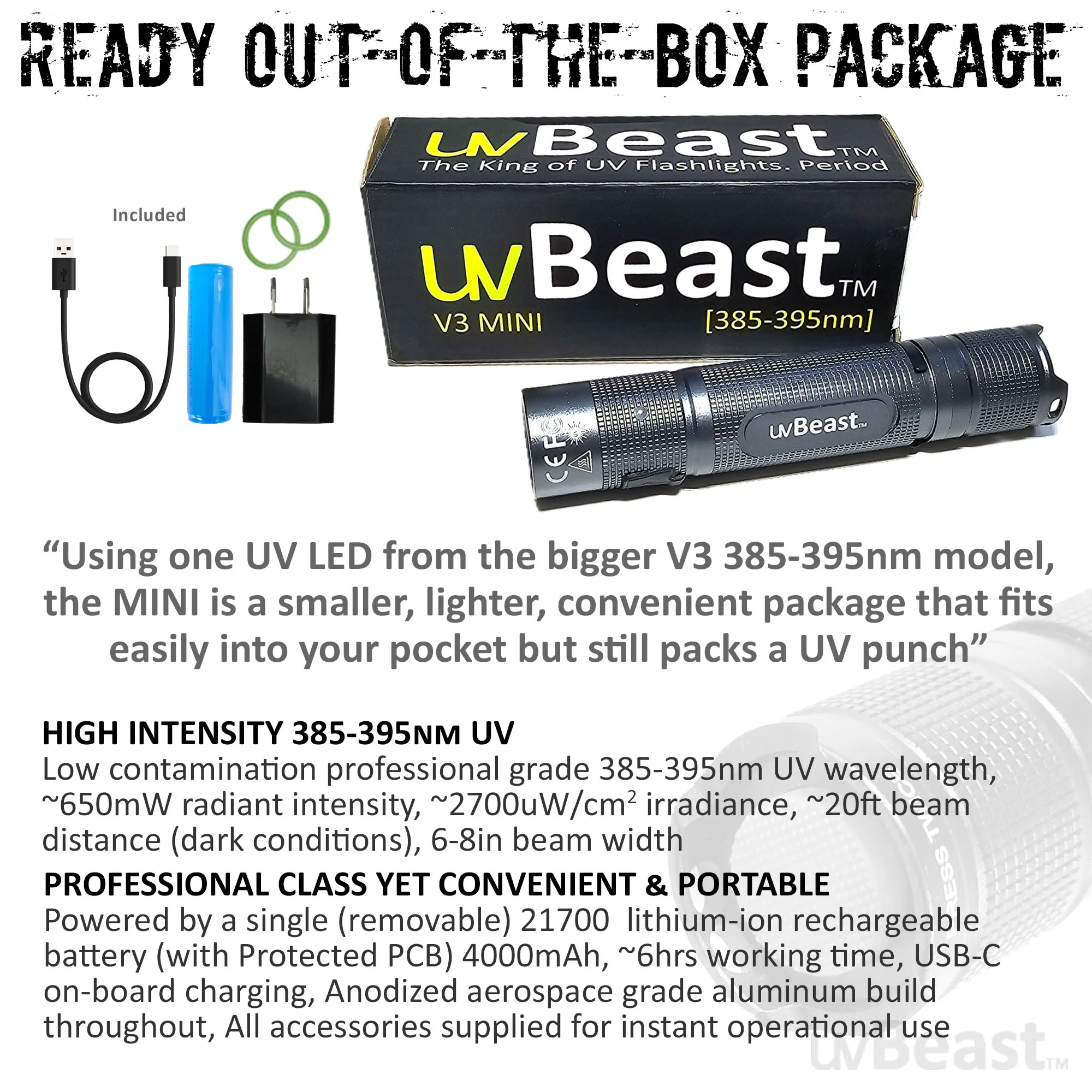 uvBeast New V3 MINI 385-395nm - Black Light UV Flashlight – Rechargeable - Low Contamination Ultraviolet - Professional Grade High Power 5 Core UV LED – USA Stock - Image 7